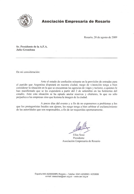 Carta de la AER a la AFA, con motivo de la venta de 