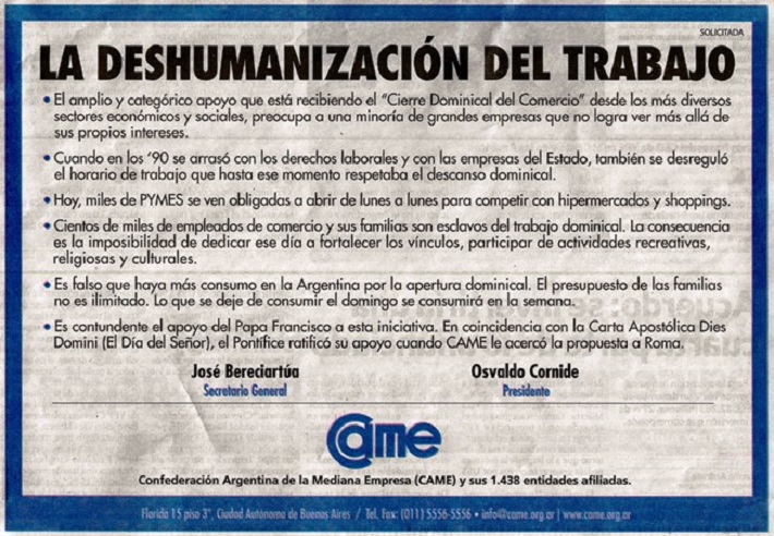 La deshumanización del trabajo. Solicitada de CAME.