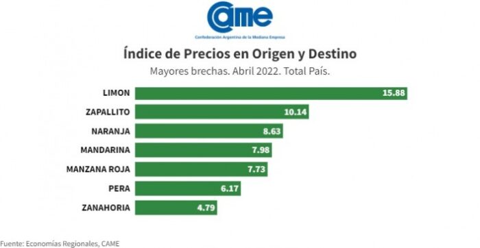 Mayores y menores brechas
- En abril, la mayor brecha entre precio de origen y destino se dio en el limón, con una diferencia de 15,88 veces. Lo siguió el zapallito (10,14 veces), la naranja (8,63 veces) y la mandarina, con una brecha de 7,98 veces.
- Los productos con menores brechas, en tanto, fueron: los huevos (1,83 veces), el pollo (2,05), la acelga (2,35 veces), la cebolla (2,56) y la frutilla (2,76).